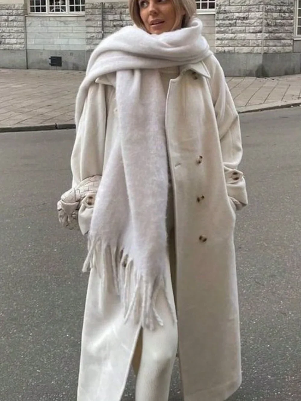Cream cozy and warm Casual Women's Plain Plush Tassel Shawl scarf